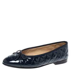 Pre Owned Chanel Navy Blue Quilted Patent Leather CC Bow Cap Toe Ballet Flats Size 38