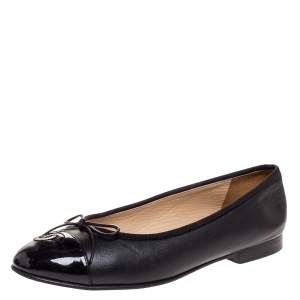Pre Owned Chanel Black Leather CC Bow Ballet Flats Size 38.5
