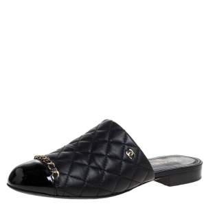 Pre Owned Chanel Black Quilted Leather Cap Toe Chain Mules Size 37