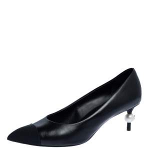 مملوكة مسبقًا Chanel Black Leather and Canvas CC Pearl Embellished Pointed Toe Pumps Size 38.5