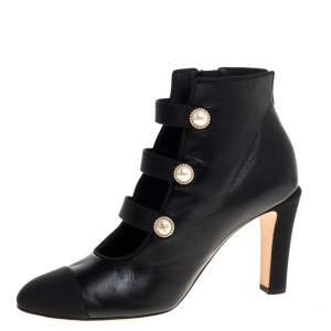Chanel Black Leather Faux Pearl CC Fabric Cap Toe Booties Size 38.5
