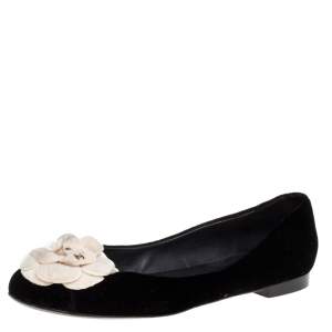 Pre Owned Chanel Black/White Velvet Camellia Ballet Flats Size 39.5