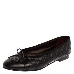 Pre Owned Chanel Black Quilted Leather CC Bow Cap Toe Ballet Flats Size 38.5