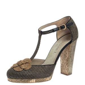 Pre Owned Chanel Black Satin T-Strap CC Camellia Block Heel Pumps Size 41