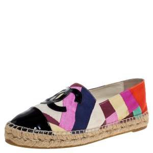 Pre Owned Chanel Multicolor Fabric And Patent Leather CC Cap Toe Espadrille Flats Size 37 