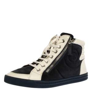 Pre Owned Chanel Blue/White Suede Leather CC Double Zip High Top Sneakers Size 39.5