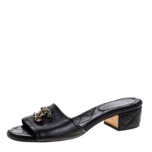Chanel Black Quilted Leather Block Heel CC Slides Size 37.5