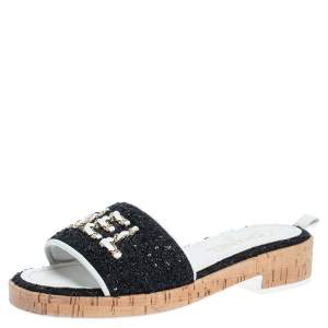 Chanel Black/White Fabric and Sequin Chain Embellished Cork Slide Sandals Size 38 
