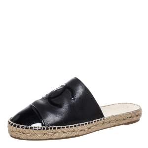 Pre Owned Chanel Black Leather CC Cap Toe Espadrille Mules Size 39
