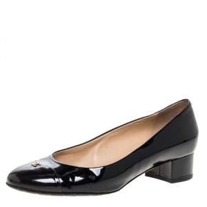 Pre Owned Chanel Black Patent Leather CC Cap Toe Block Heel Pumps Size 38.5