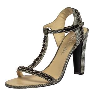 Chanel Black/White Checkered Leather Chain Link Ankle Strap Sandals Size 38.5