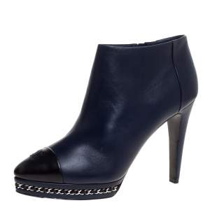 Chanel Blue Leather Chain Embellished Platform CC Cap Toe Ankle Boots Size 40.5