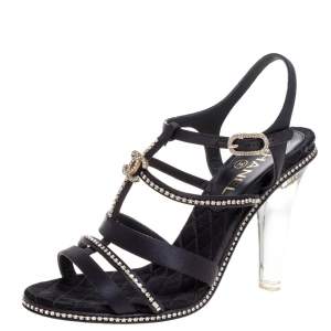 مملوكة مسبقًا Chanel Black Satin Crystal Embellished Lucite CC Strappy Sandals Size 38
