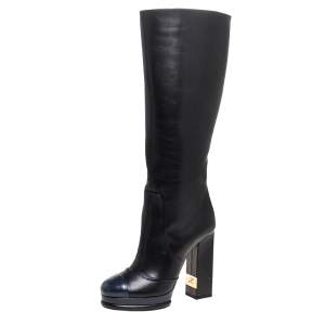 Chanel Black/Navy Blue Leather CC Knee Cap Toe Length Boots Size 35.5