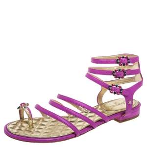 Chanel Purple Leather Embellished Toe Ring Gladiator Flat Sandals Size 38