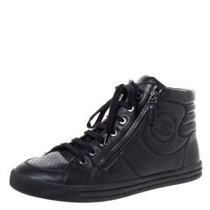 Pre Owned Chanel Black Leather CC High Top Sneakers Size 40
