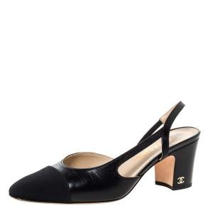 مملوكة مسبقًا Chanel Black Leather And Fabric Cap Toe CC Heel Slingback Sandals Size 37.5