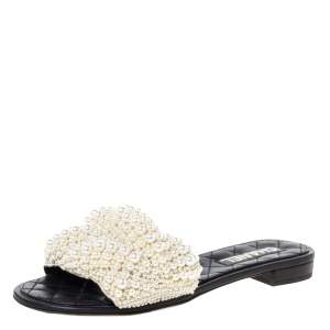 Pre Owned Chanel Black Leather Faux Pearl Slide Flat Sandals Size 39