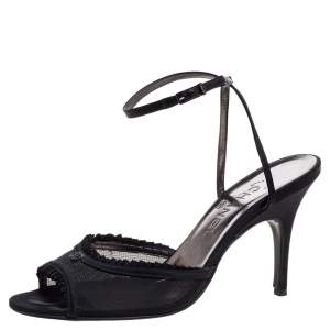Chanel Black Mesh And Satin CC Open Toe Ankle Wrap Sandals Size 40