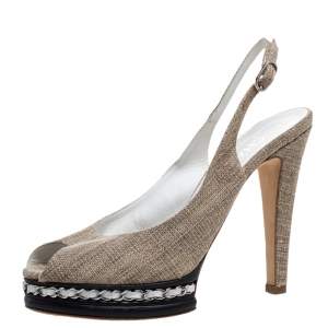 Pre Owned Chanel Beige Canvas And Black Leather Peep Toe Platform Slingback Sandals Size 39.5