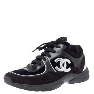 Pre Owned Chanel Black/Blue Leather, Suede And Velvet CC Low Top Sneakers Size 39