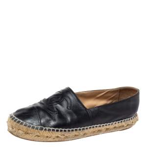 Pre Owned Chanel Black Leather CC Cap Toe Espadrille Flats Size 36