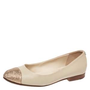 Chanel Beige Leather Glitter Cap Toe Ballet Flats Size 34.5