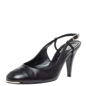 Pre Owned Chanel Black Leather CC Cap Toe Slingback Sandals Size 39.5