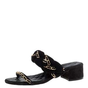 مملوكة مسبقًا Chanel Black Suede Braided Chain Embellished Slide Sandals Size 39