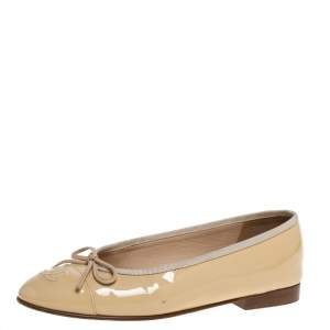 Pre Owned Chanel Beige Patent Leather CC Bow Ballet Flats Size 36