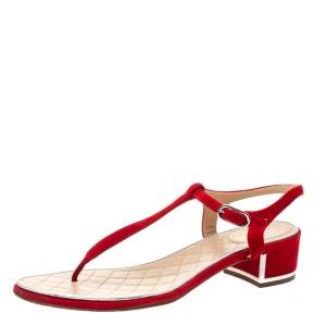 Pre Owned Chanel Red Suede T Strap Thong Sandals Size 38.5