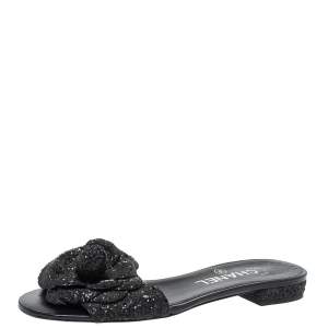 Pre Owned Chanel Black Coarse Glitter Fabric Camellia Embellished CC Flat Slides Size 36