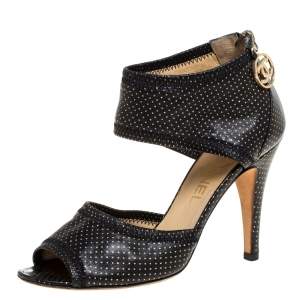 Chanel Black Leather Metallic Polka Dot Peep Toe Sandals Size 36 