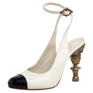 مملوكة مسبقًا Chanel Cream/Black Leather Cap Toe Slingback Sandals Size 38.5