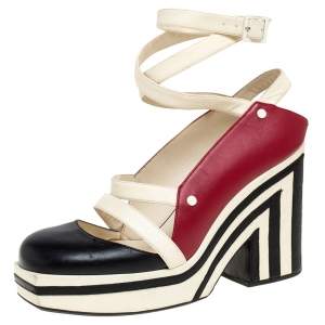 مملوكة مسبقًا Chanel  Tri Color Leather Ankle Wrap Square Toe Platform Sandal Size 38