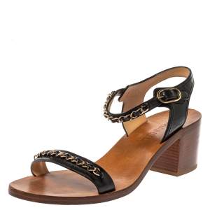 Pre Owned Chanel Black Leather Chain Embellished Block Heel Ankle Strap Sandals Size 40.5