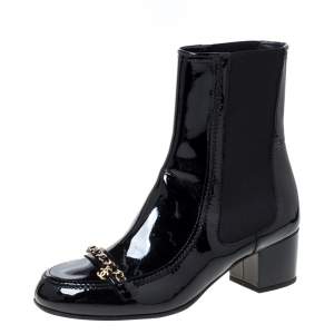 Chanel Black Patent Leather Chain Detail Mid Length Boots Size 41