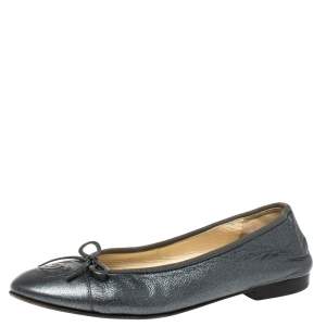 Pre Owned Chanel Metallic Grey Leather Bow Ballet Flats Size 38