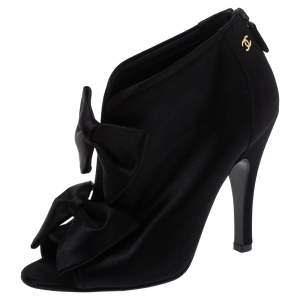 Chanel Black Satin CC Bow Peep Toe Booties Size 36