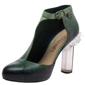 Chanel Ombre Green Leather Crystal Heels Half D'orsay Ankle Boots Size 36