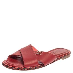 Pre Owned Chanel Red Leather Braided Trim Criss Cross CC Flat Slides Size 36