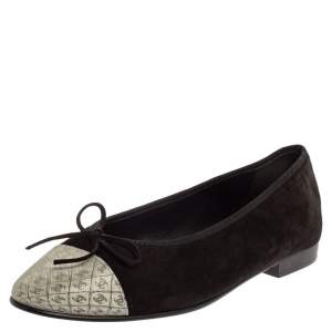 Pre Owned Chanel Black/White Suede Hologram 3D CC Cap Toe Ballet Ballerina Flat Size 38.5