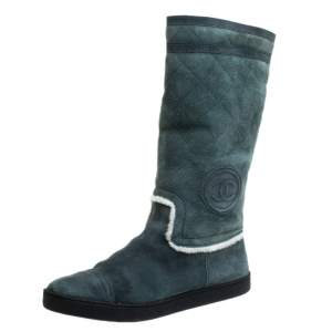 Chanel Teal Blue Suede Shearling Quilted CC Boots Size 39.5