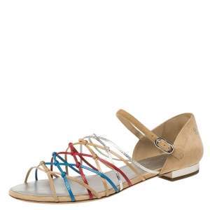 مملوكة مسبقًا Chanel Beige Suede and Leather Strappy Ankle Strap Flat Sandals Size 38