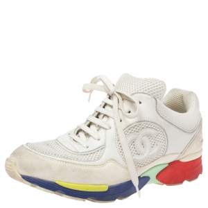 Pre Owned Chanel White Leather And Mesh CC Logo Lace Up Sneakers Size 37