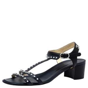 Pre Owned Chanel Blue/Black Leather Pearl Embellished Block Heel Sandals Size 40