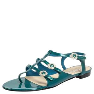 Pre Owned Chanel Green Patent Lether T-Strap Sandals Size 39.5