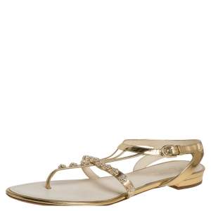 Pre Owned Chanel Gold Leather CC Camellia Thong Sandals Size 39.5