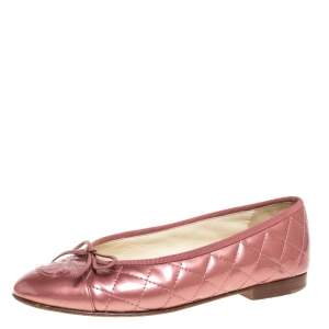 Pre Owned Chanel Pink Patent Quilted Leather CC Cap Toe Flats Size 37