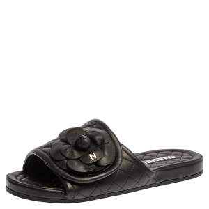 Pre Owned Chanel Black Leather Camellia Embellished Velcro Flat Slides Size 39